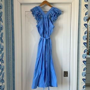 En Saison cornflower, blue sundress with eyelet neckline detail, belted size sm